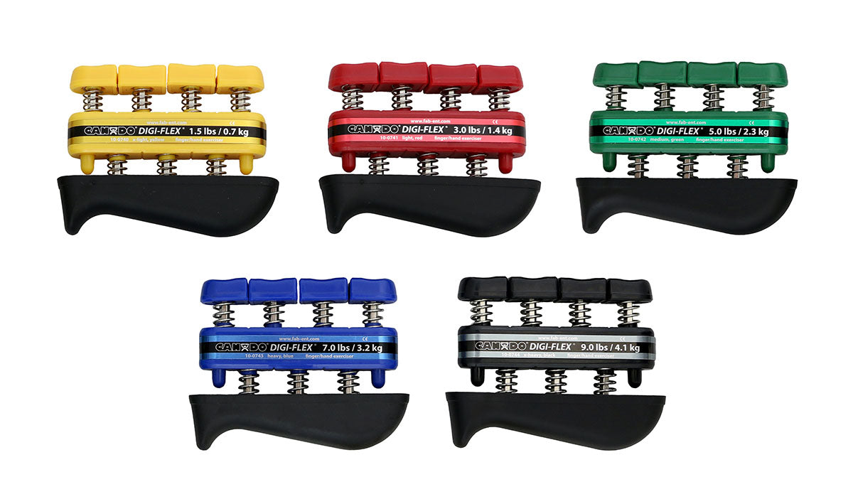 CanDo Digi-Flex hand exerciser - set of 5 (yellow, red, green, blue, black), no rack