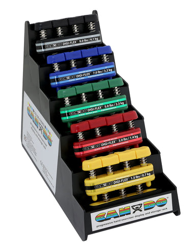 CanDo Digi-Flex hand exerciser - set of 5 (yellow, red, green, blue, black), with plastic rack