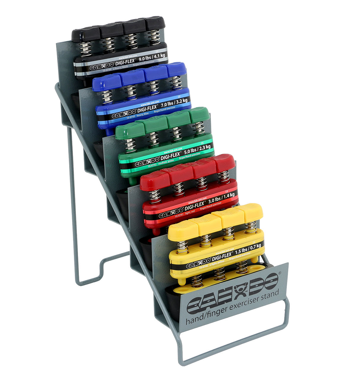 CanDo Digi-Flex hand exerciser - set of 5 (yellow, red, green, blue, black), with metal rack 