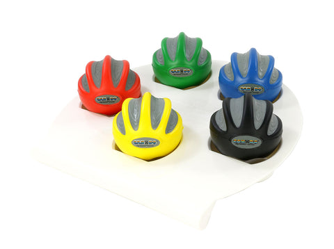 CanDo Digi-Squeeze hand exerciser - Medium - set of 5 pieces (yellow, red, green, blue, black), with rack