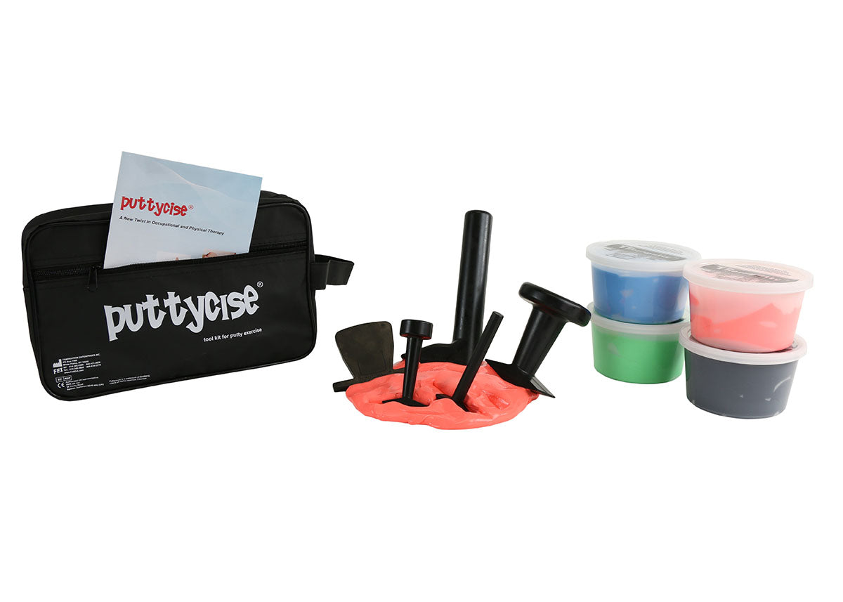 Puttycise Theraputty tool - 5-tool set with 4 x 1 lb putties, difficult (red-black), with bag