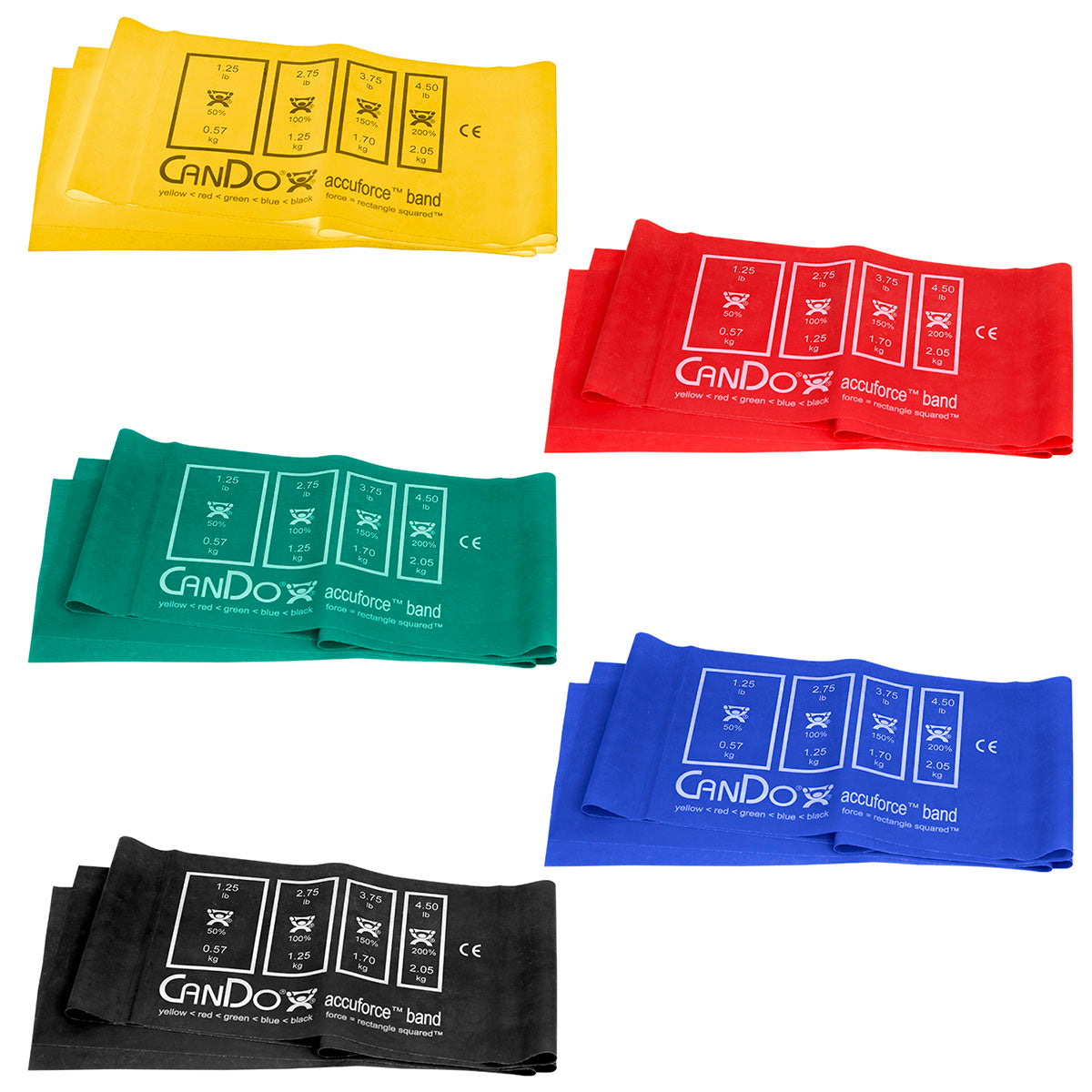 CanDo AccuForce Exercise Band - 4' exercisers, 5-piece set (1 each: yellow, red, green, blue, black)