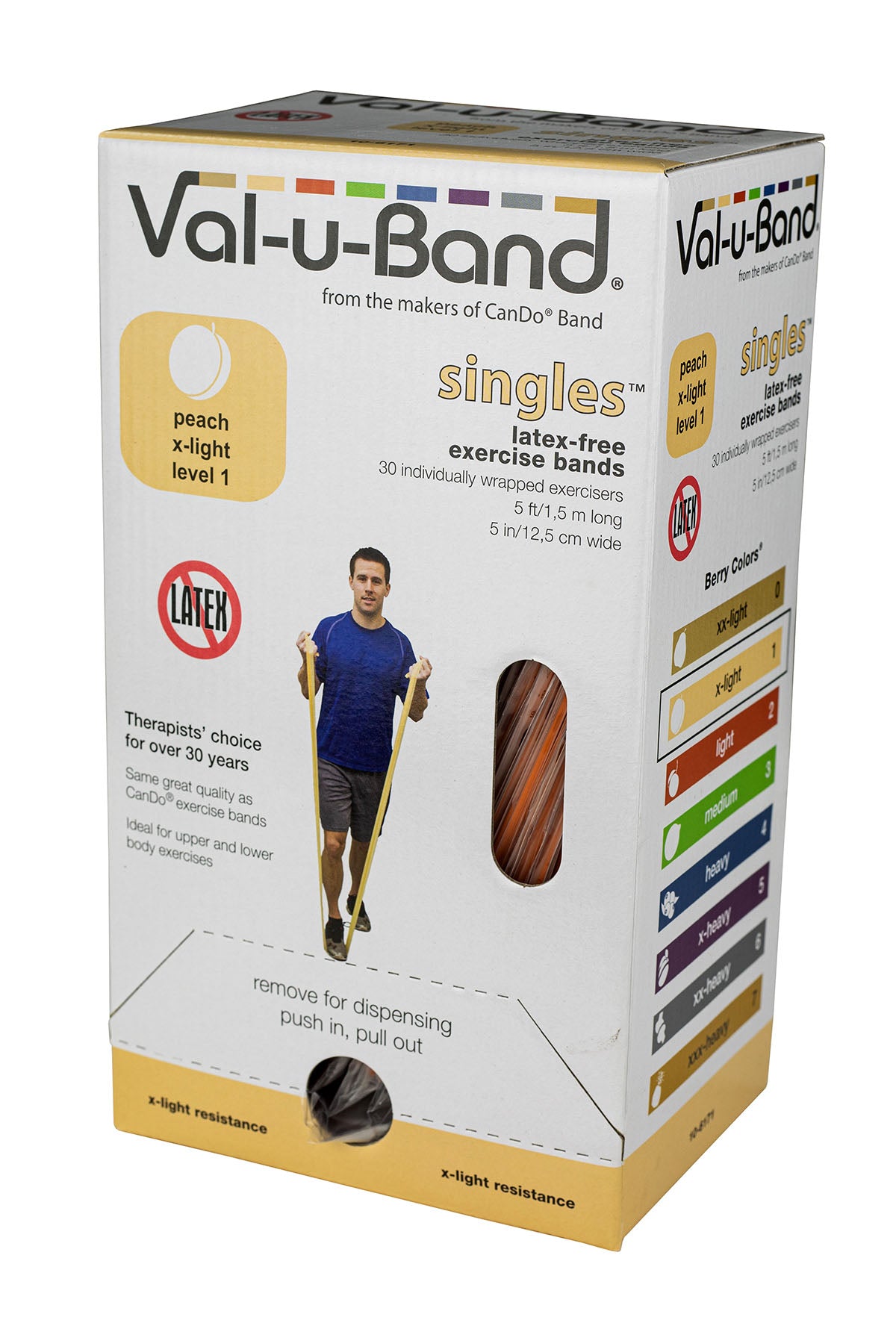 Val-u-Band Resistance Bands, Pre-Cut Strip, 5', Peach-Level 1/7, Case of 30, Latex-Free