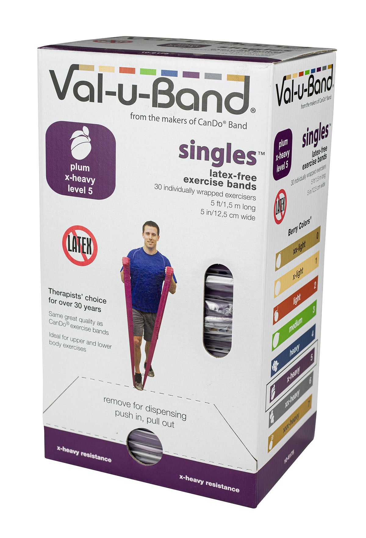 Val-u-Band Resistance Bands, Pre-Cut Strip, 5', Plum-Level 5/7, Case of 30, Latex-Free