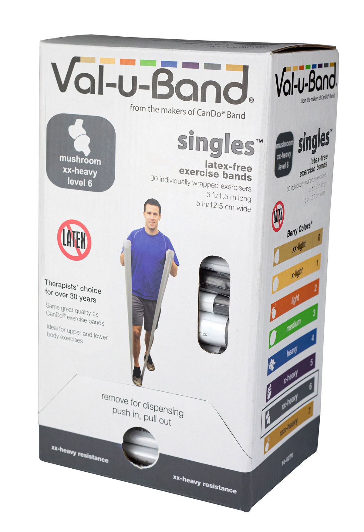 Val-u-Band Resistance Bands, Pre-Cut Strip, 5', Mushroom-Level 6/7, Case of 30, Latex-Free