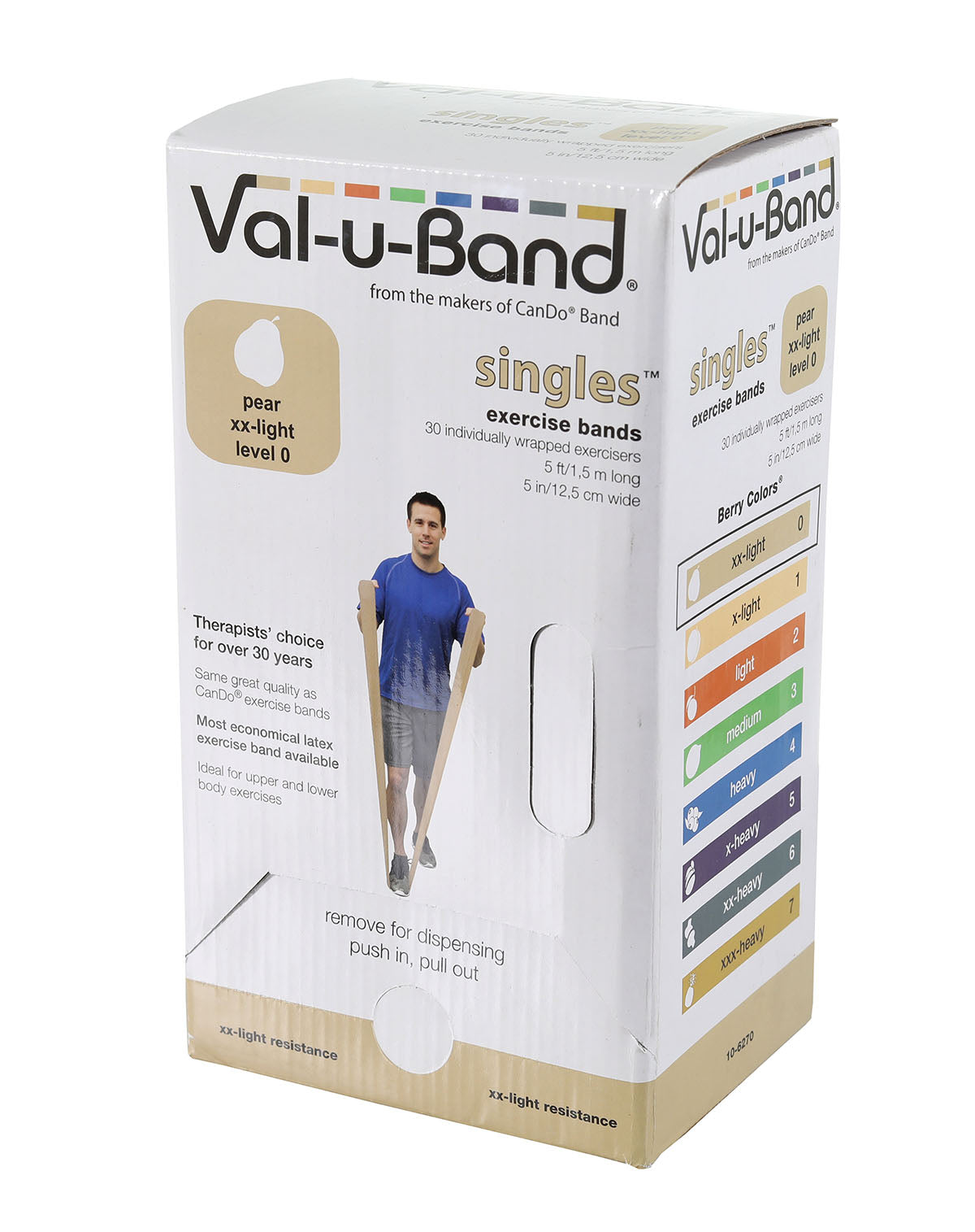 Val-u-Band Resistance Bands, Pre-Cut Strip, 5', Pear-Level 0/7, Case of 30, Contains Latex