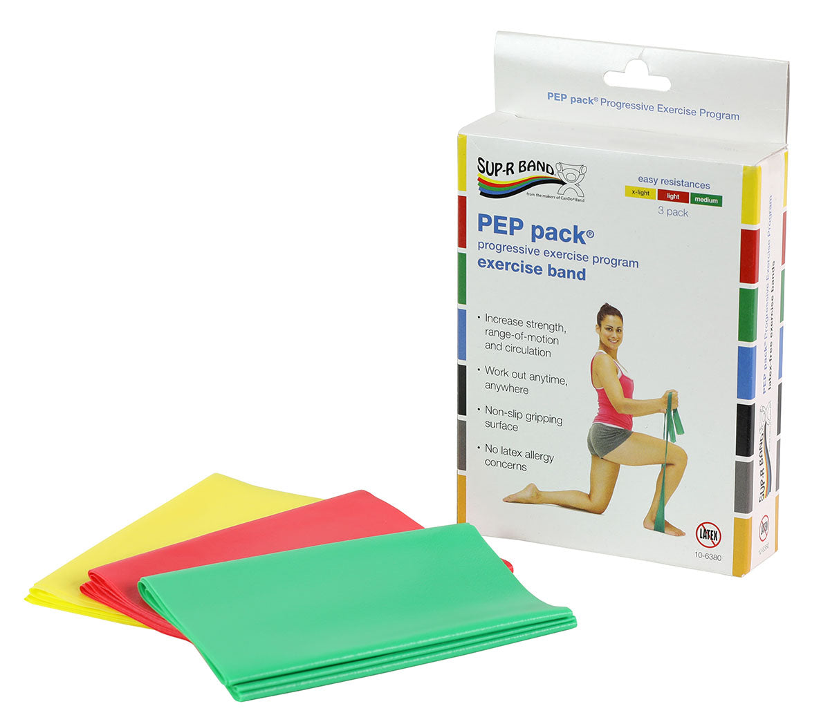  Sup-R Band Latex Free Exercise Band - PEP pack, 3-piece set (1 each: yellow, red, green) 