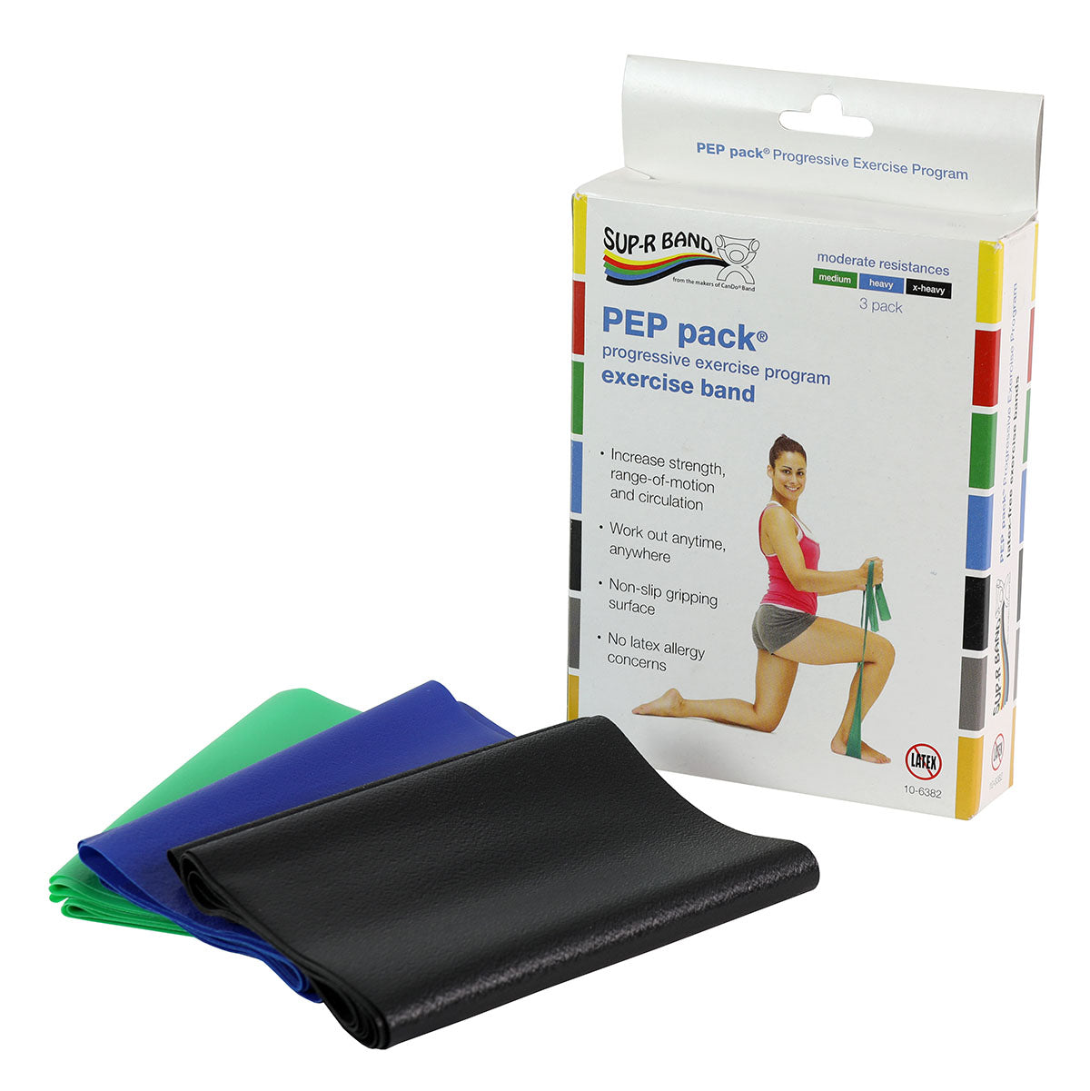  Sup-R Band Latex Free Exercise Band - PEP pack, 3-piece set (1 each: green, blue, black) 