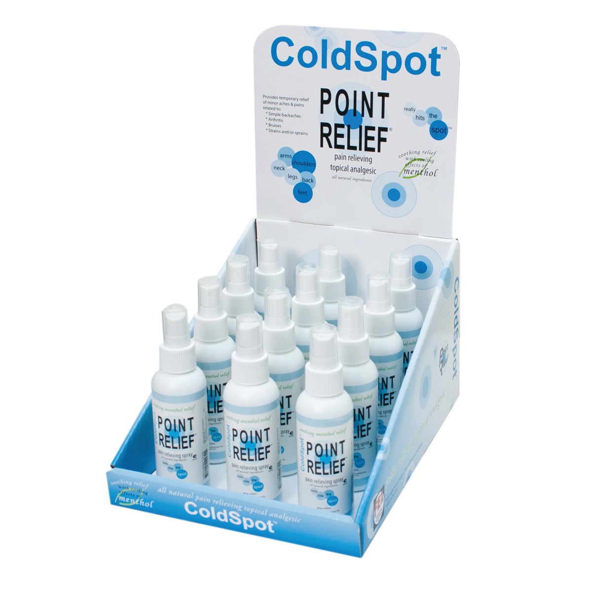 Point Relief ColdSpot Lotion - Retail Display with 12 x 3 oz Spray Bottle