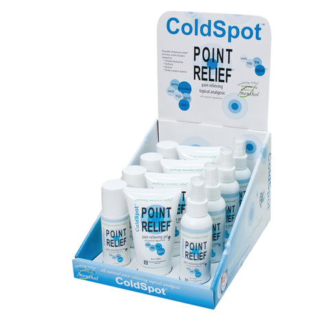 Point Relief ColdSpot Lotion - Retail Display with 4 x 3 oz Spray, 3 oz Roll-on and 4 oz Gel