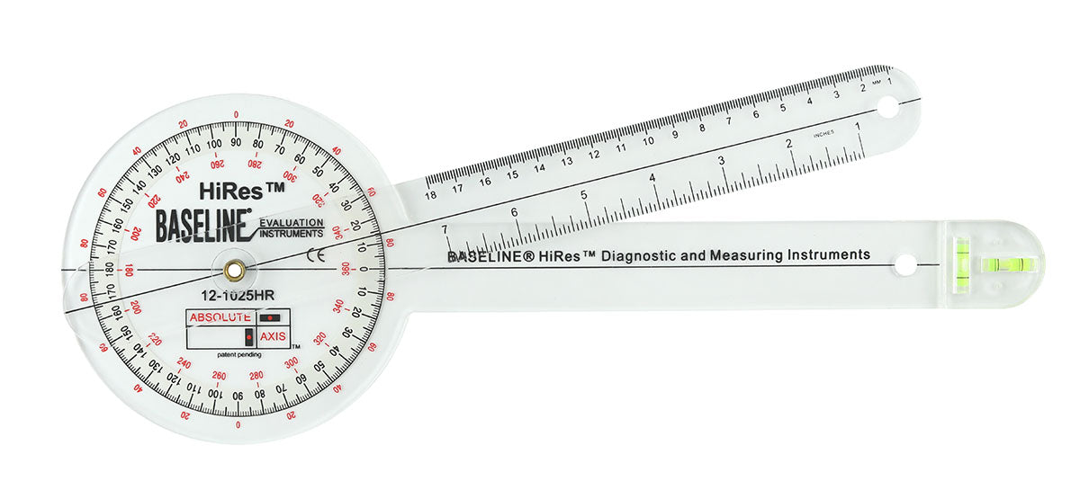 Baseline Plastic Absolute+Axis Goniometer - HiRes 360 Degree Head - 12 inch Arms