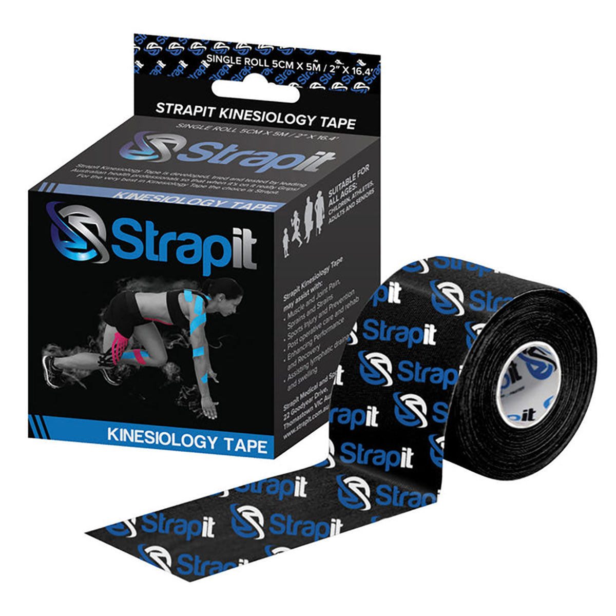 Strapit Kinesiology Tape, 2 in x 5.5 yds, Cool Blue with logo