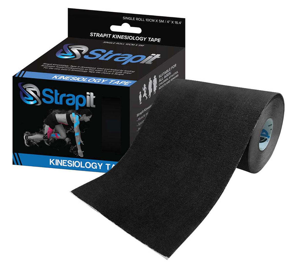 Strapit Kinesiology Tape, 4 in x 5.5 yds, Black