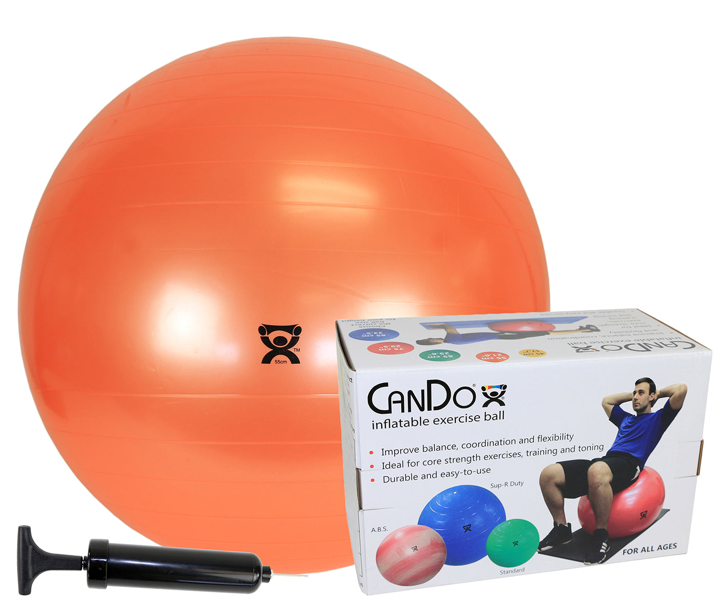 CanDo Inflatable Exercise Ball - Economy Set - Orange - 22" (55 cm) Ball, Pump, Retail Box