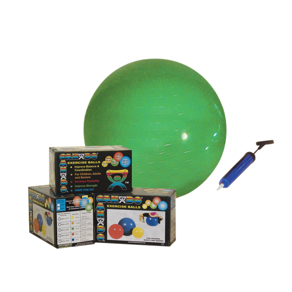 CanDo Inflatable Exercise Ball - Economy Set - Green - 26" (65 cm) Ball, Pump, Retail Box (set of 10)