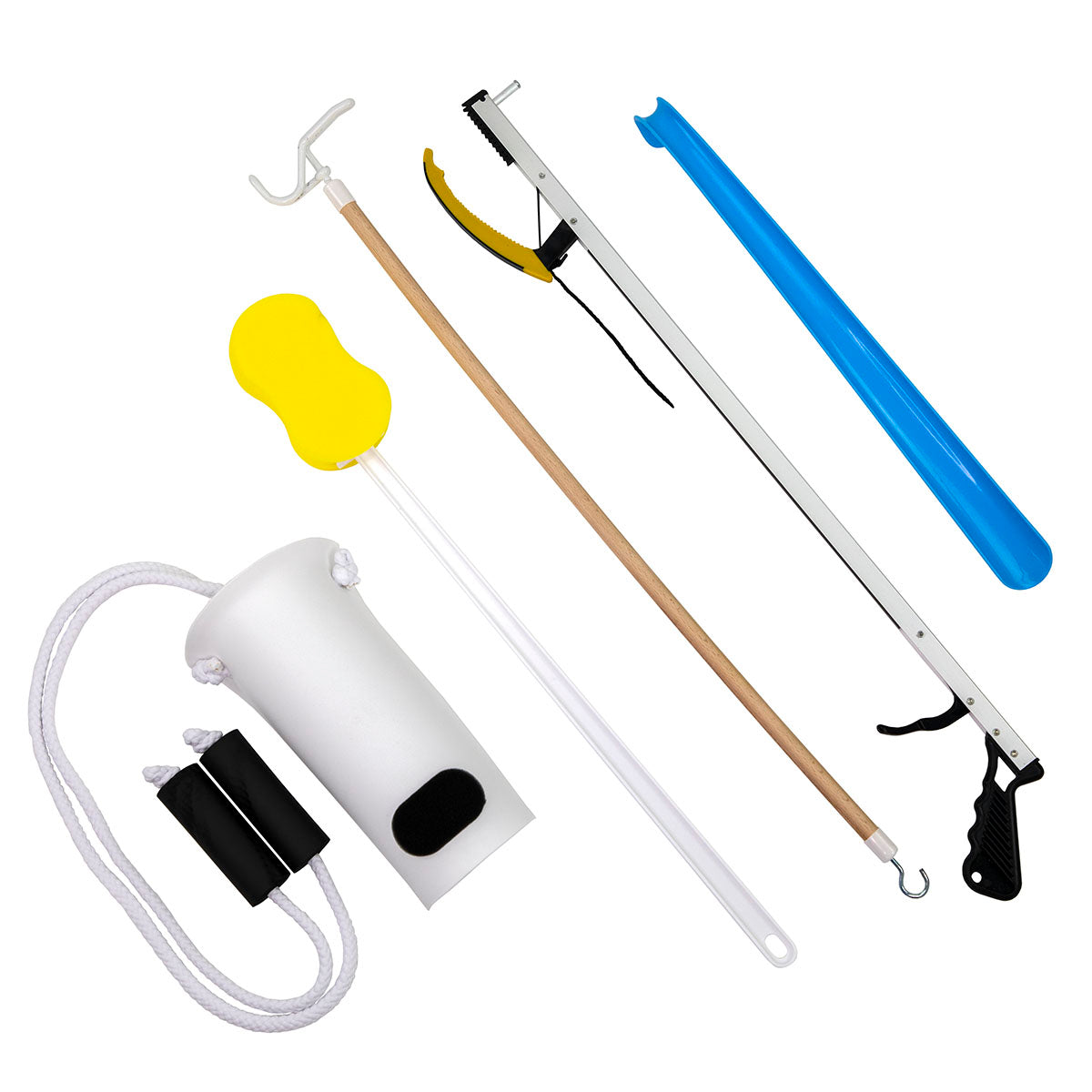 FabLife Hip Kit: 26" Reacher, contoured sponge, formed sock aid, 18" plastic shoehorn, 24" dressing stick