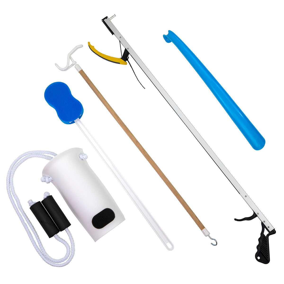 FabLife Hip Kit: 32" reacher, contoured sponge, formed sock aid, 18" plastic shoehorn, 24" dressing stick